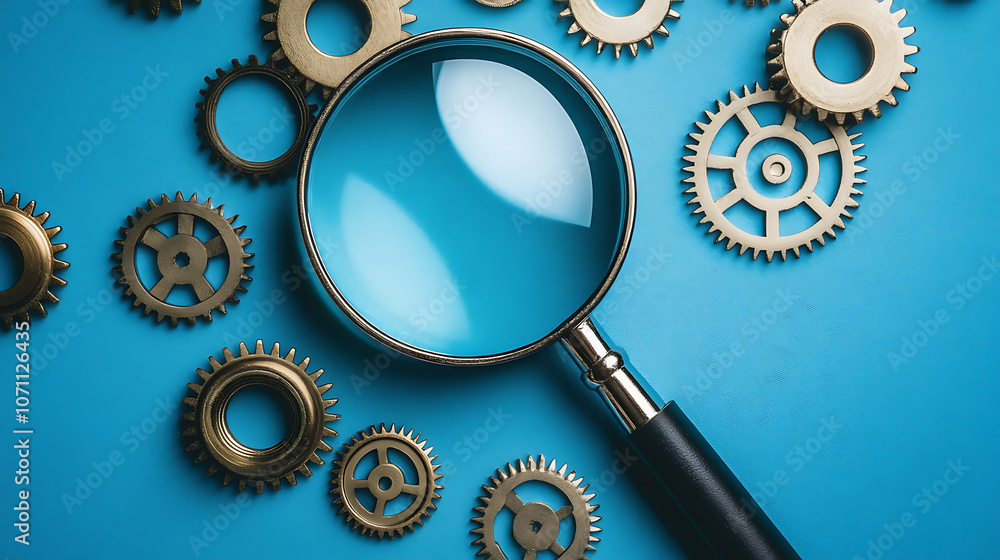 Poster magnifying glass and gears on blue background representing seo audit and analysis