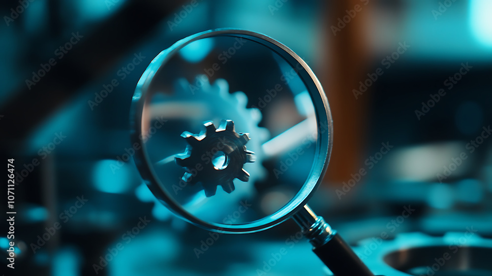 Poster magnifying glass focusing on a gear, symbolizing web efficiency optimization and performance analysi