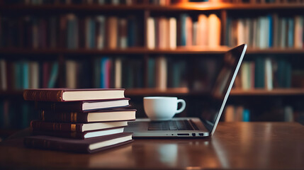 Modern e-learning setup with a laptop, books, and a cup of coffee, symbolizing online education and distant learning