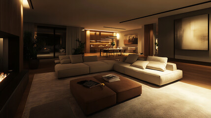 Fototapeta premium luxurious modern living room with earthy tones and soft lighting 3d interior rendering