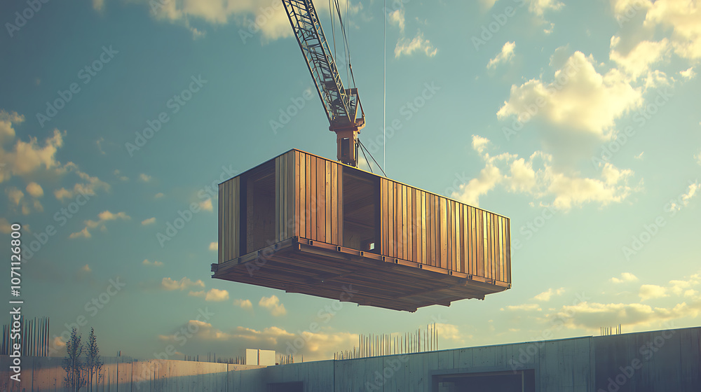 Poster modern wooden modular container being constructed with a crane