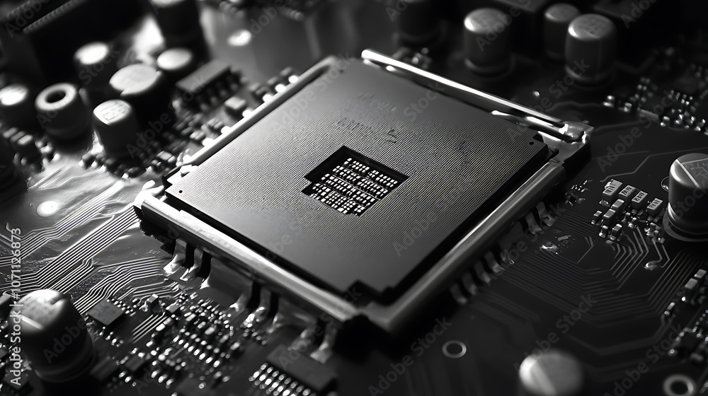 Poster monochrome electronic cpu digital chip, processor and electronic components on a motherboard or circ