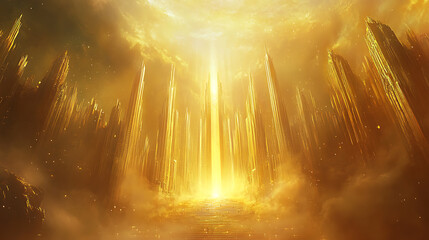 Fototapeta premium majestic new jerusalem descending from heavens pearly gates streets of gold divine light