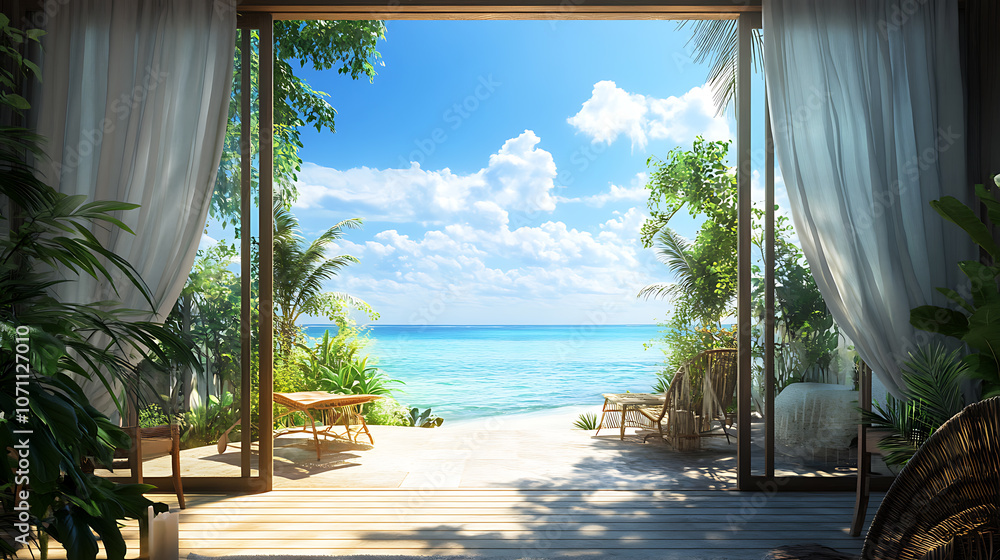 Poster scenic view from a guesthouse, looking through a panoramic window onto a terrace with a sea view on 