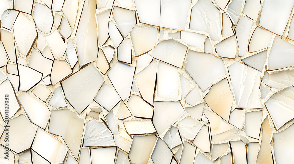 Poster seamless pattern of broken tile mosaic, featuring beige tiles suitable for abstract wallpaper or irr