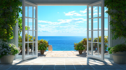 Scenic view from a guesthouse, looking through a panoramic window onto a terrace with a sea view on a sunny, warm summer day, Luxurious resort concept with blue skies