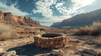 Old well in the middle of the desert with rocky surroundings