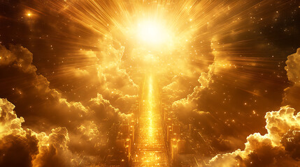Fototapeta premium majestic new jerusalem descending from heavens pearly gates streets of gold divine light