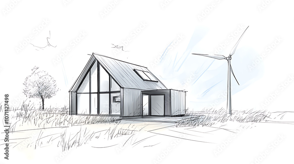 Aufkleber sketch of a passive house with wind turbines, emphasizing sustainable and energy-efficient living