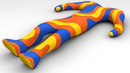 A colorful, abstract figure lying flat, designed for artistic or playful purposes.