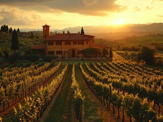 Naklejka premium Sunset Over Vineyard in Picturesque Tuscany
