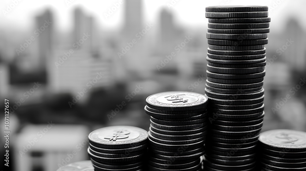 Poster Stacked coins with a financial graph and city background in a double exposure, combining the concept of business growth with money investment and global market transformation