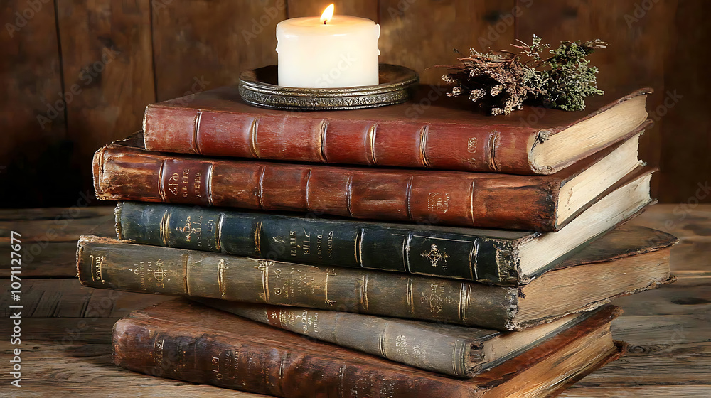 Aufkleber stack of old books and grimoires with candle on wooden table