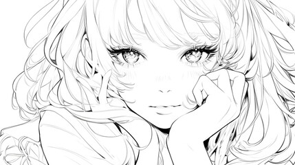 Fototapeta premium A young woman in black-and-white line art, beautifully drawn in anime style, perfect for coloring