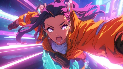 Fototapeta premium A dynamic cyberpunk chase featuring a fierce anime girl sprinting through a neon-lit city