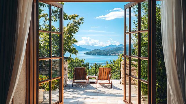 Scenic view from a guesthouse, looking through a panoramic window onto a terrace with a sea view on a sunny, warm summer day, Luxurious resort concept with blue skies