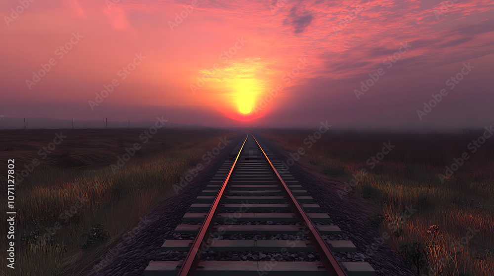 Poster the railway tracks go beyond the horizon, rails surrounded by nature at sunset
