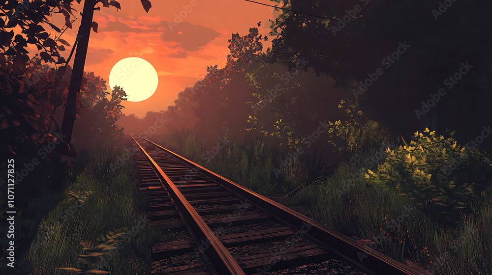 Poster the railway tracks go beyond the horizon, rails surrounded by nature at sunset