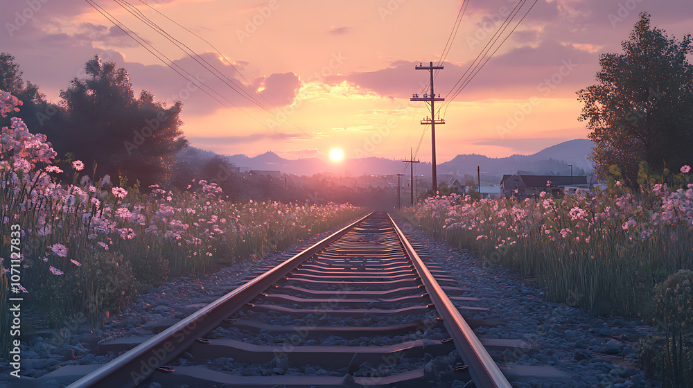 Poster the railway tracks go beyond the horizon, rails surrounded by nature at sunset