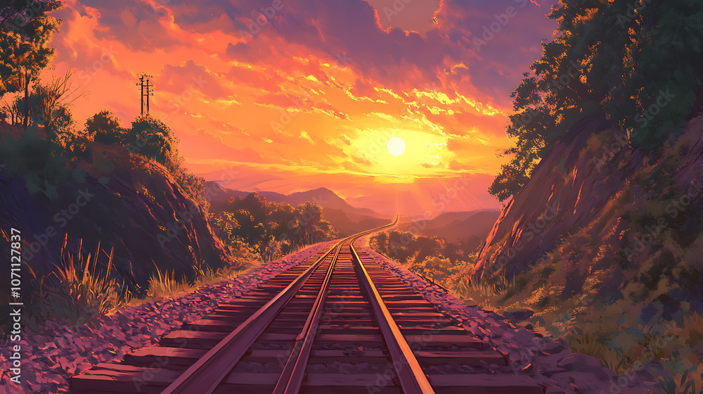 Poster the railway tracks go beyond the horizon, rails surrounded by nature at sunset