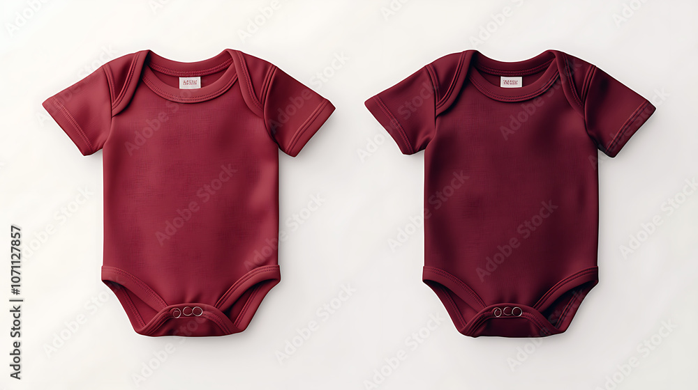 Poster two sets of cherry red and maroon infant bodysuits are displayed from front and back views, ideal fo