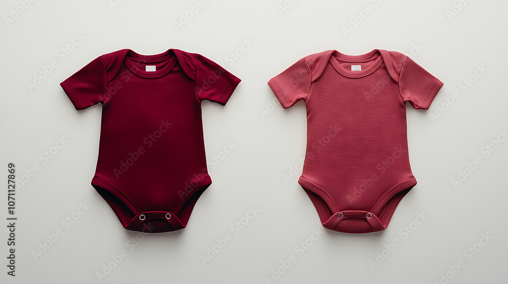 Poster two sets of cherry red and maroon infant bodysuits are displayed from front and back views, ideal fo