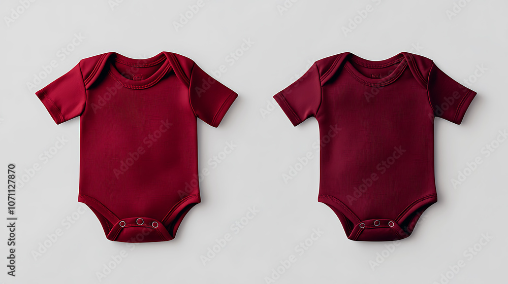 Poster two sets of cherry red and maroon infant bodysuits are displayed from front and back views, ideal fo