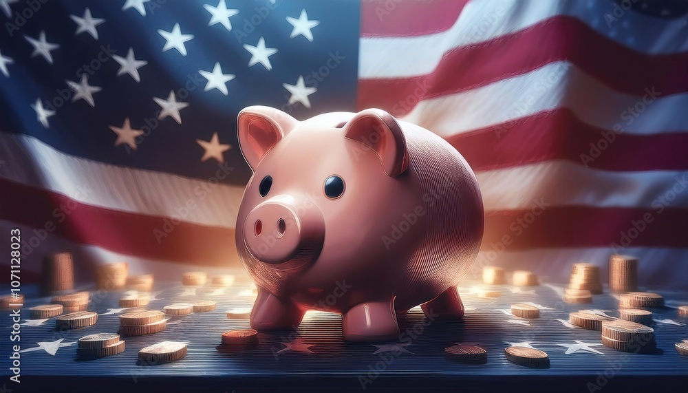 Wall mural Piggy Bank with Coins Against American Flag Symbolizing Saving