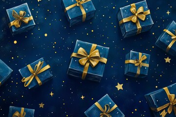 Generative AI illustration of blue gifts with golden bows and ribbons placed on blue background near stars with generative ai