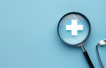 Obraz premium Healthcare concept with magnifying glass on plus sign over pastel blue background