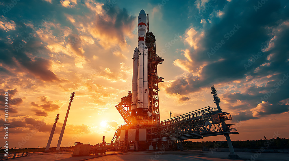 Poster space rocket on the launch pad, panoramic shot of the sky and setting sun in the background