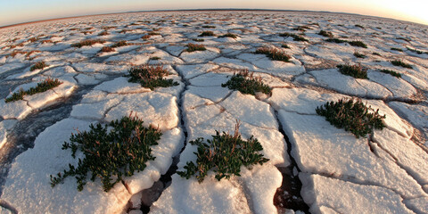 Naklejka premium A cracked, salt-rich landscape shows resilient greenery emerging amidst the harsh, white terrain under a clear sky.