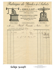 document vintage with machinery images and a detailed, gridded invoice.
