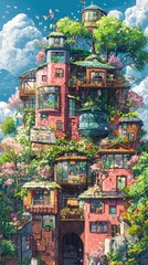 Fototapeta premium A whimsical, multi-level, pink building with windows and balconies covered in lush greenery and blooming trees, set against a backdrop of a clear blue sky with fluffy white clouds.