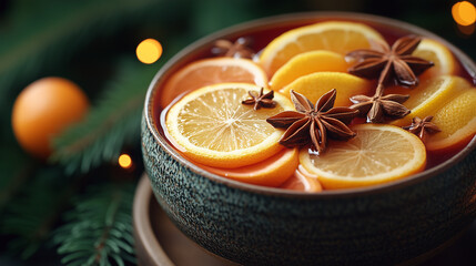 A bowl of punch with orange slices and anise