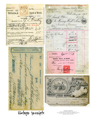 document vintage with machinery images and a detailed, gridded invoice.
