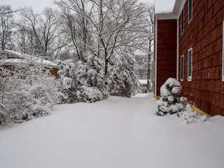 snowing in the driveway by a red suburban house in winter