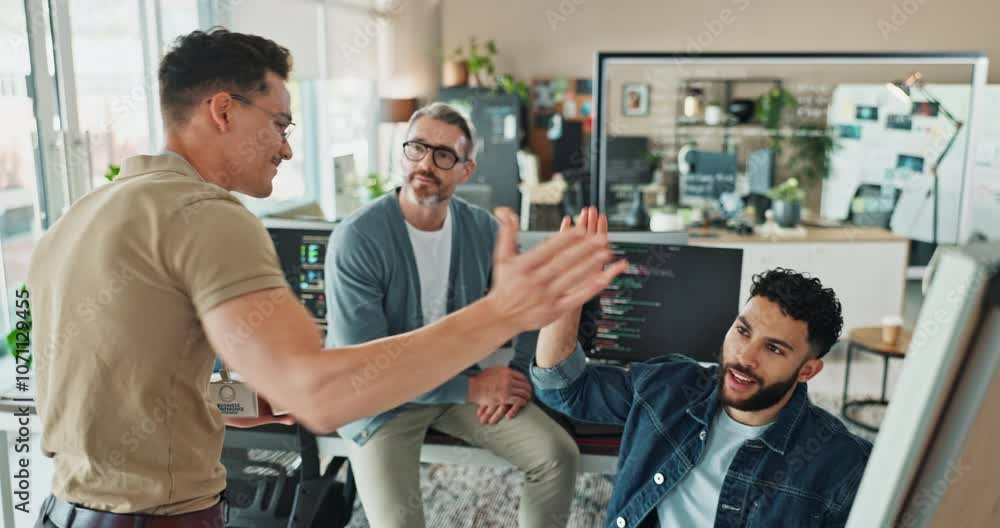 Poster Men, high give and programming in office with computer, success and happy with software at startup. People, group and developer partnership with celebration, collaboration and coding at workplace