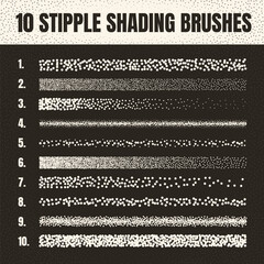 Stipple scatter brush, ink drawing and texturing. Fading gradient. Stippling, dotwork drawing, shading using dots. Halftone disintegration effect. White noise grainy texture. Vector illustration