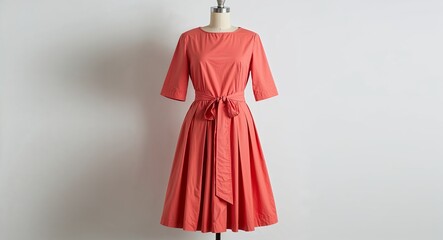 Coral cotton fit and flare dress with waist tie and pleats display on plain white background
