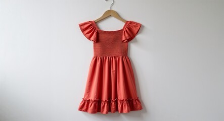 Coral smocked midi dress with flutter sleeves and ruffled hem display on plain white background