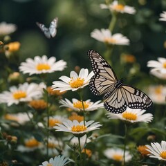 Fototapeta premium A group of striking butterflies dances gracefully around blooming flowers in a colorful garden. The bright blossoms create a lively atmosphere under the warm sunlight. Generative AI