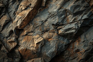 Close-up of brown and dark rugged rock texture with cracks, detailed stone background for design, natural abstract mountain surface