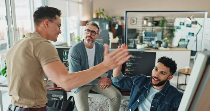 Men, high give and programming in office with computer, success and happy with software at startup. People, group and developer partnership with celebration, collaboration and coding at workplace