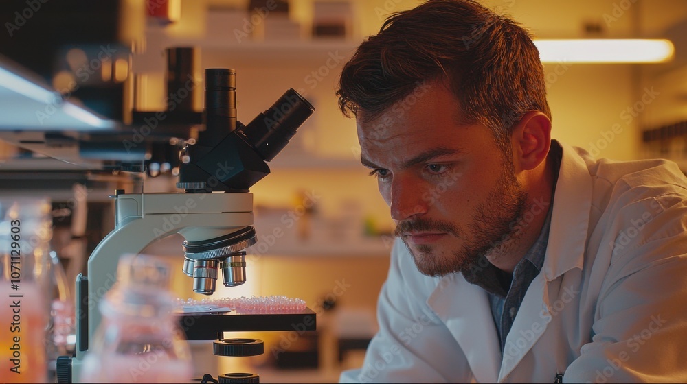 Poster scientist examining samples under microscope in lab