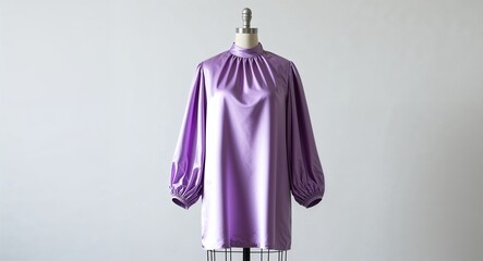 Light purple silk dress with high neckline and balloon sleeves display on plain white background