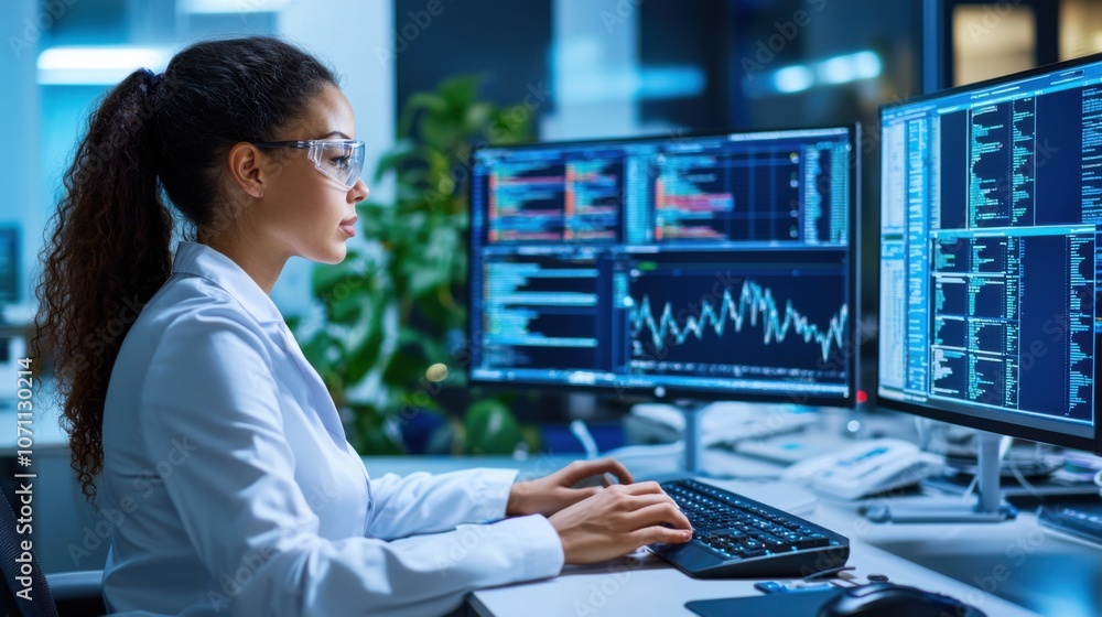 Poster female scientist analyzing data on computer screens