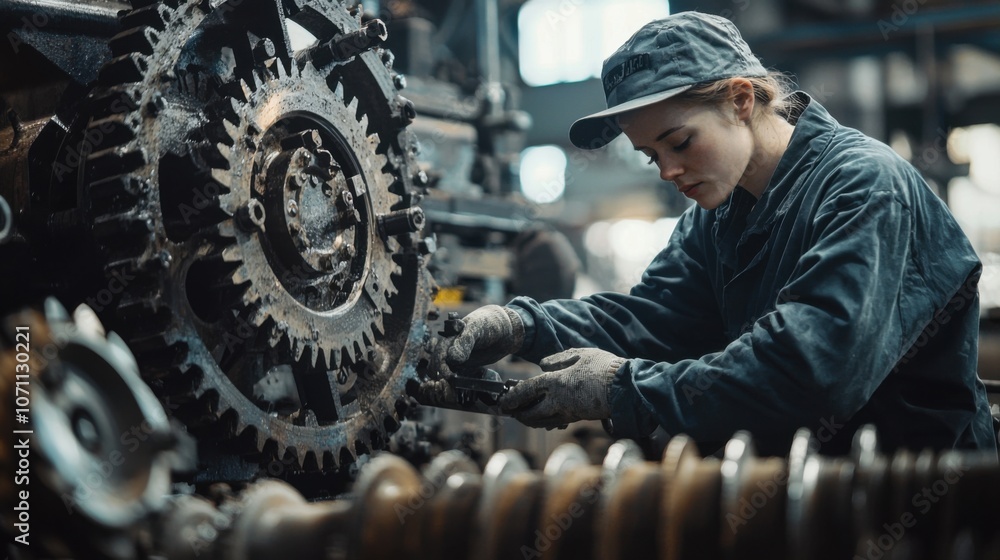 Poster worker inspecting gears and belts in workshop setting