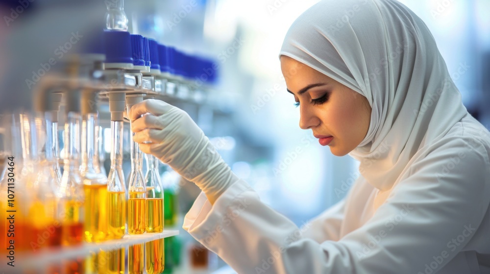 Poster female chemist analyzing samples in laboratory environment