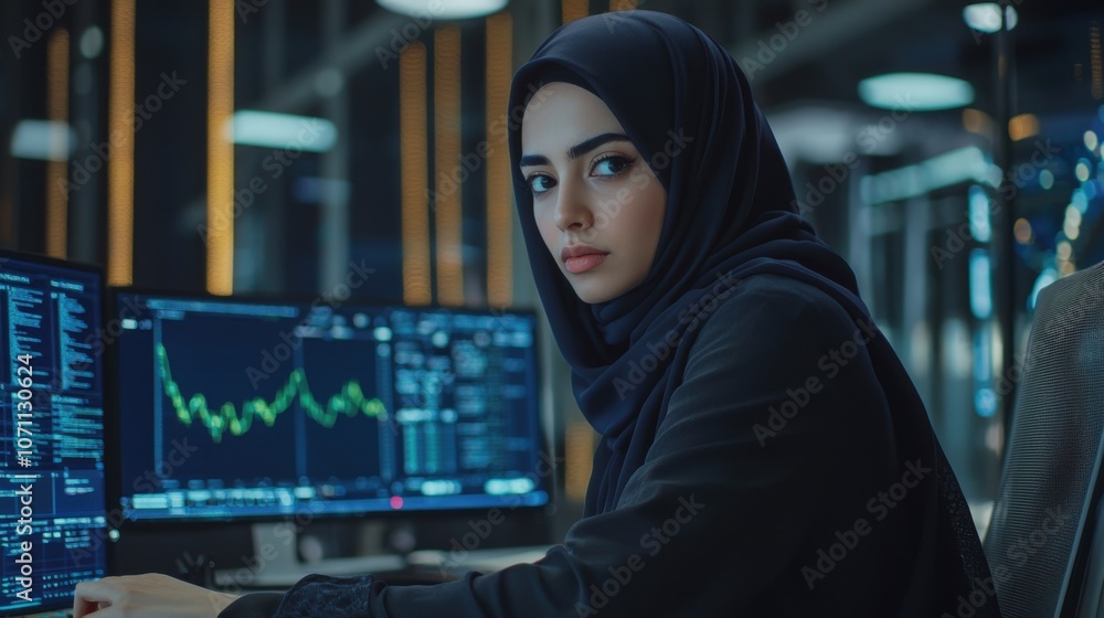 Poster woman analyzing data in hijab at modern workspace